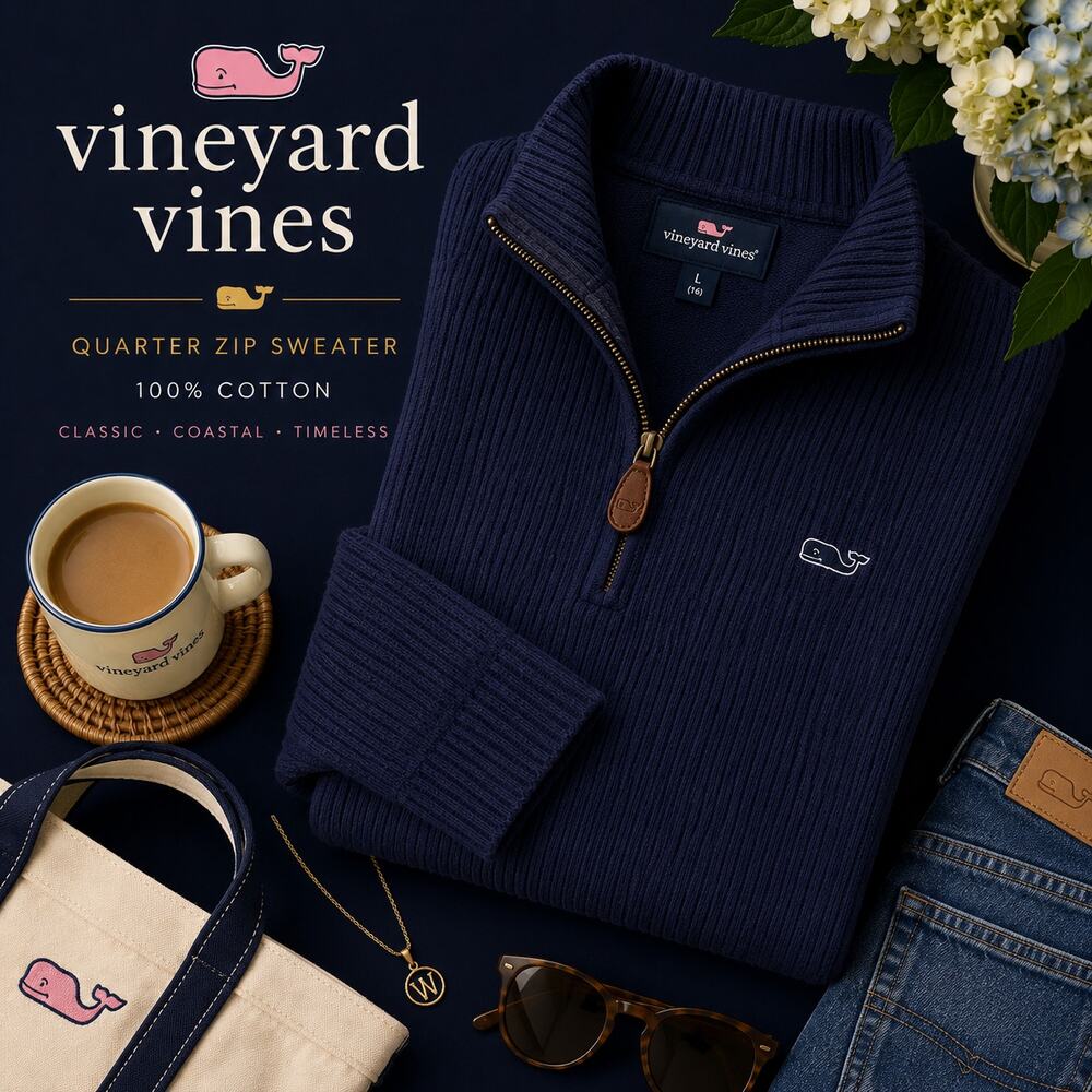 Vineyard Vines Navy Ribbed Quarter Zip Sweater Size L